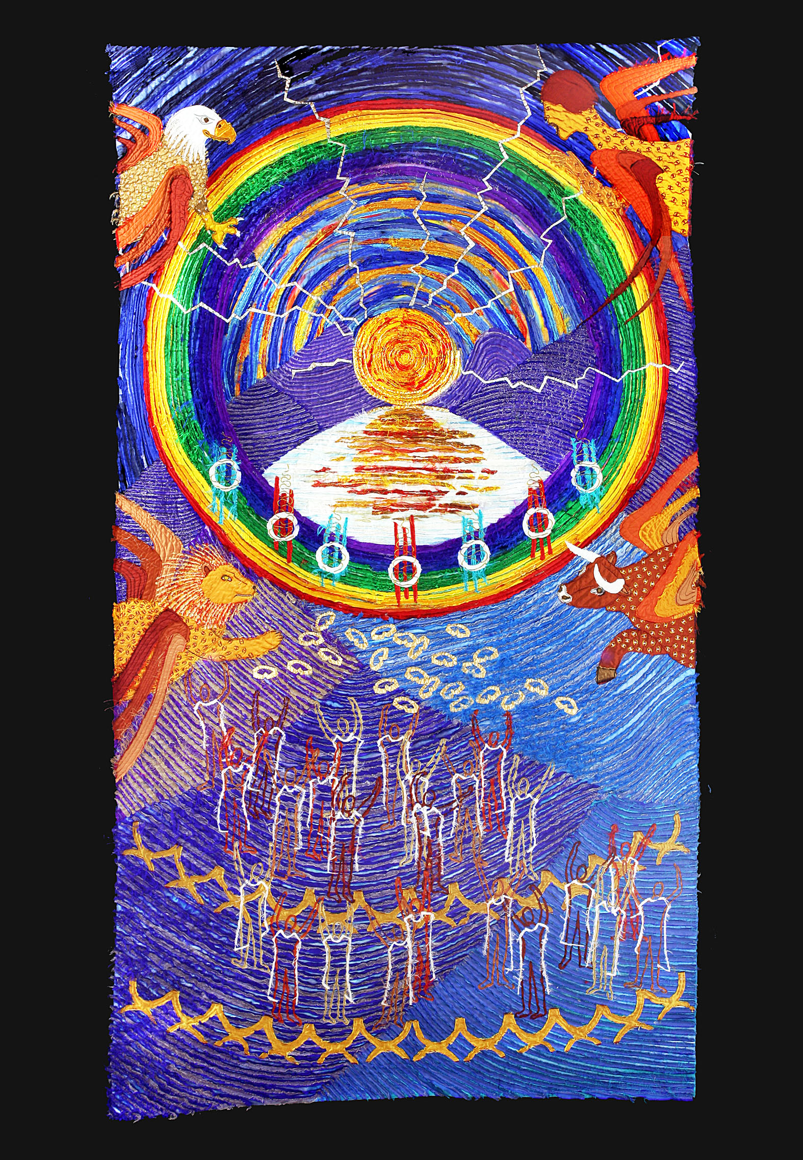 Against a bluish backdrop, this textile panel contains a full circle rainbow in its upper part. At the centre of this is an orange and red circle with silver lightning emanating from it. Its reflection is seen in a white lake in front of the circle. Surrounding the circle are four winged creatures: an eagle, a lion, an ox and a human form. Below the rainbow circle are two rows of twelve simple chairs or thrones and twenty four figures standing with their arms raised in the air. Twenty four golden rings are between the figures and the rainbow.