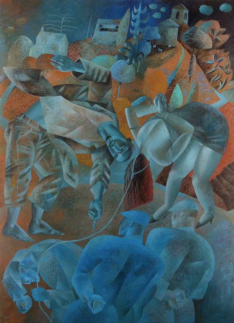 Overall, the painting predominantly consists of blue and orange tones with many stylised shapes. In the centre of the painting are Jesus and the adulterous woman. The woman is on the right, wearing small high-heeled shoes and a short strappy dress. She is bowed over, with her hands tied behind her back and a rope around her neck. We can’t see her face, just long dark red hair falling down over her head. Jesus is next to her on the left, wearing trousers, a top and jacket. He is bending down in a similar way to the woman, but at a sideways angle, so we can still see his face. Jesus has short hair and stylised facial features of indistinct race. His head is nearly upside down and almost touches the woman’s head. Jesus writes in the dust with his left hand, his right arm up in the air to keep his balance. In the foreground we see three men wearing flat caps. Two have their backs to us, each holding a stone in a hand behind their back. The third man stands sideways to us and holds the rope tied around the woman’s neck. In his other hand he also holds a stone. In the background paths lead up a hill past trees to a small group of Mediterranean buildings.