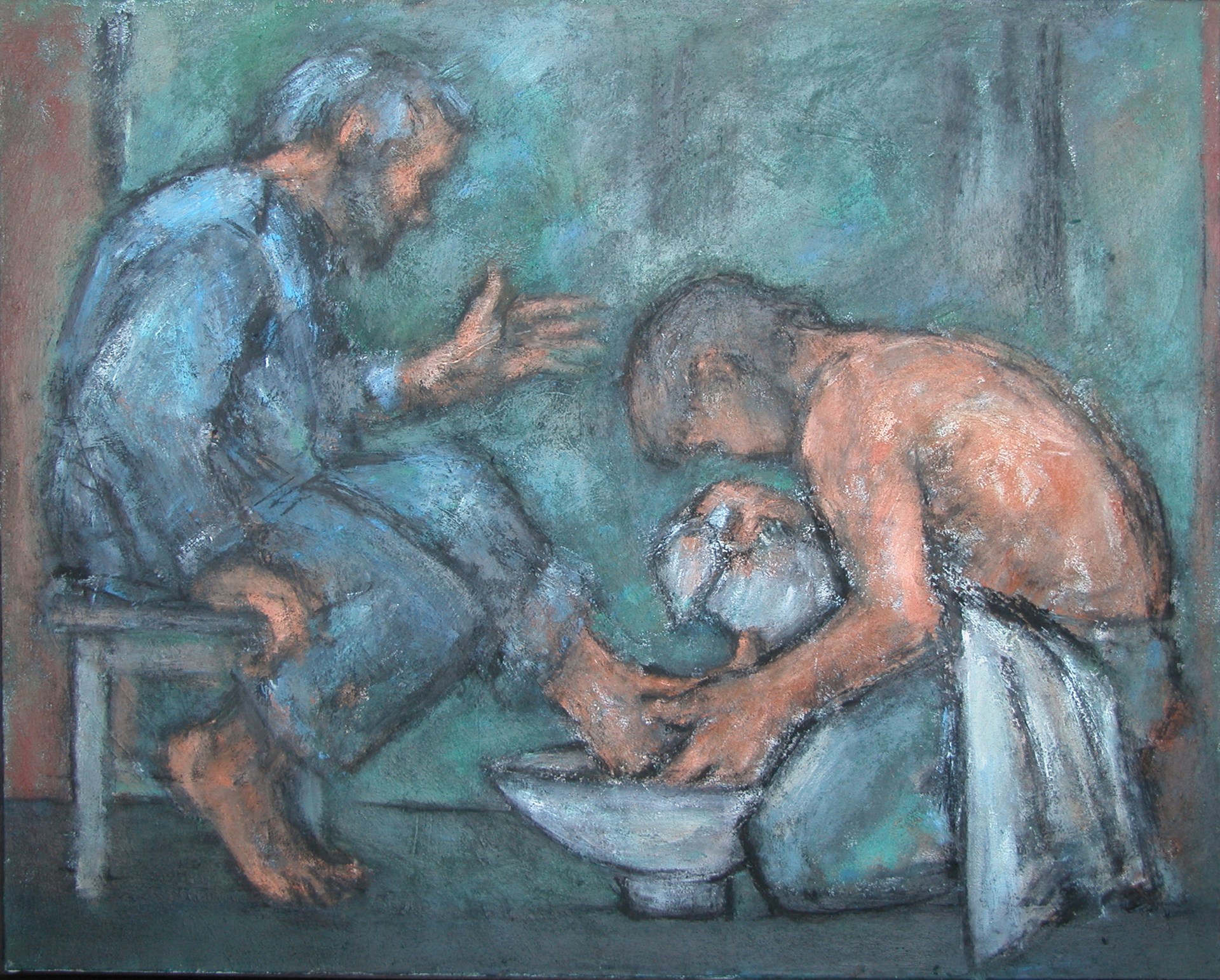 Against a turquoise coloured backdrop, we see on the left, side-on, a bearded man dressed in light blue trousers and top sitting on a bench. Another man with turquoise trousers and nothing covering his torso kneels in front of him. The kneeling man has a towel draped over his lap, holds a white or light grey jug in his slightly hidden right hand and with his left hand holds the left foot of the sitting man over a white or light grey bowl.