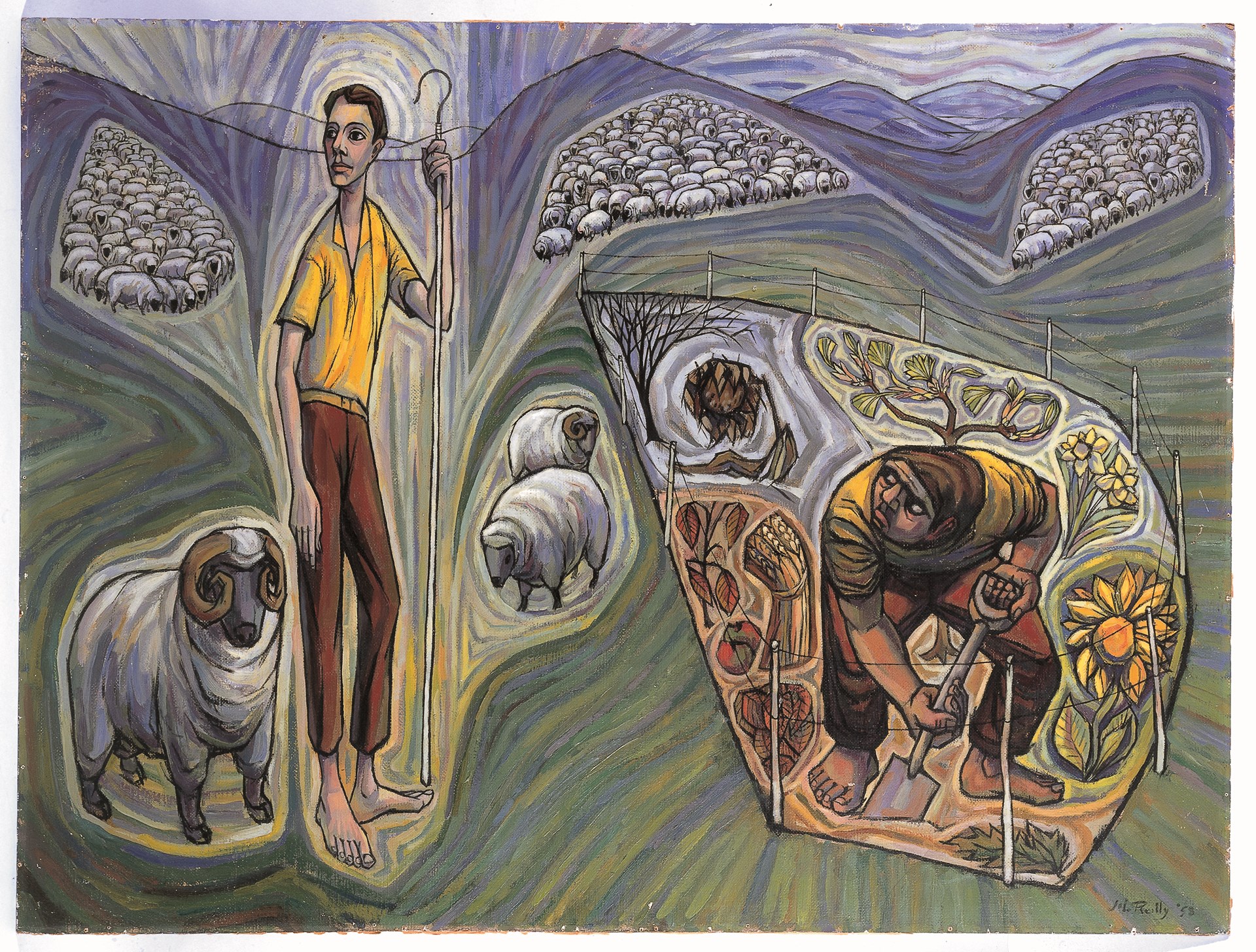 In the background are purplish hills with three large flocks of sheep on them. The sky, too, is purple. The hills in the background merge into a meadow in the foreground. On the left stands a tall slim man, barefoot, dressed in brown trousers and a yellow shirt. Three sheep surround him, and he holds a shepherd’s crook. He faces us but looks off into the distance behind our left. The shepherd and his flocks of sheep are all highlighted and connected to one another through lighter surrounding colours, nearly as though the shepherd is lit from above and the light then spills over onto his sheep. On the right hand side is a fenced in plot of land. A short stocky man, also barefoot and wearing the same brown trousers and yellow shirt as the shepherd, is bent over using a spade. His head is turned up to look at the shepherd. Within the fenced in plot of land are differently coloured sections with a sunflower, daffodils, a tree in leaf, a bare tree and drooping brown flower, a sheaf of corn, apples and brown leaves.